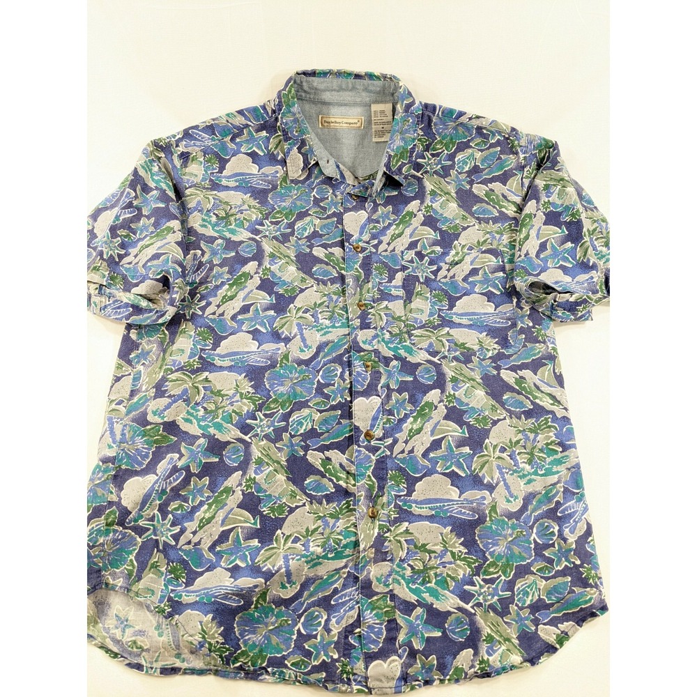 Vintage 80s/90s Bugle Boy Hawaiian Shirt Blue Fish Planes Floral Print Men's Med